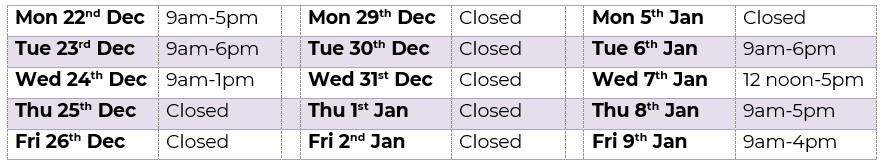 Xmas Opening Hours